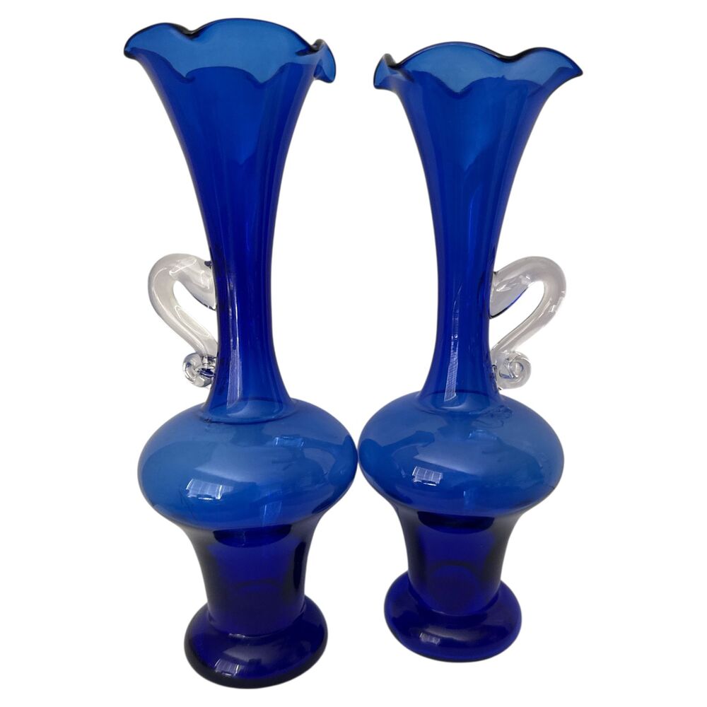 Pair Cobalt Blue Blown Glass Ewer Vases 8" Tall w/ Applied Clear Handles Vintage